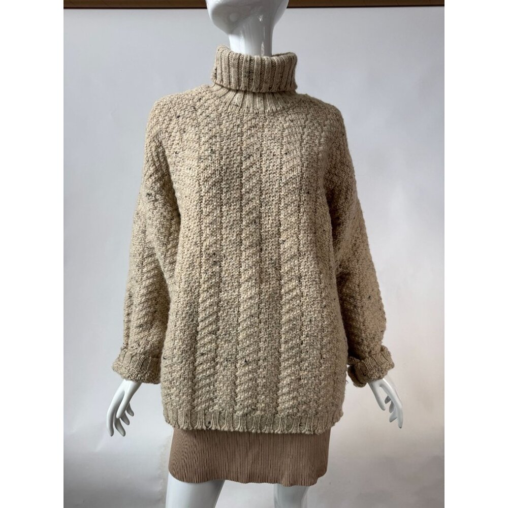 Vintage 80s Beige Chunky Knit Wool Turtleneck Sweater Textured Ribbed Long Sleev - Picture 2 of 12
